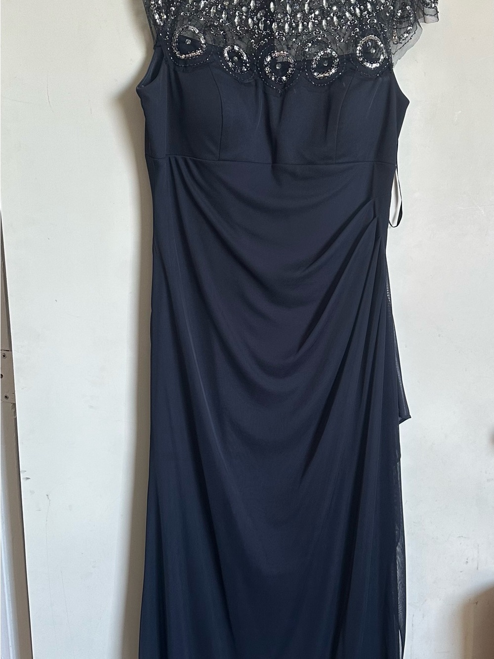 Xscape Navy Rhinestone Beaded and Ruched Formal Evening Gown